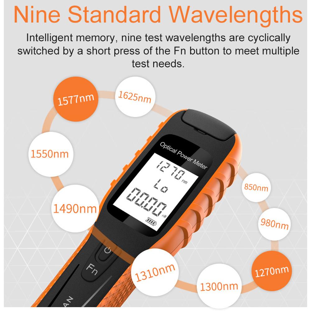 Mini Optical Power Meter High Precise Rechargeable Optical Fiber Detector 9 Standard Wavelength Cycle Switching with Frequency Recognition LED Flashlight Self-calibration Function