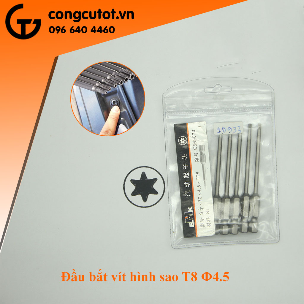 Đầu bắt vít hình sao T8 Φ2.3 trục 4.5 dài 70mm chuôi lục thép S2