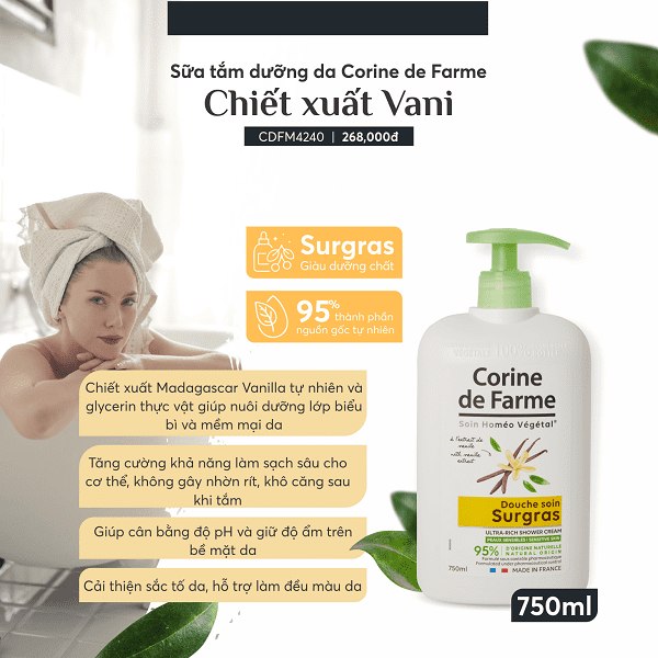 [ Tặng 1 hũ muối tắm ] Sữa tắm dưỡng da Corine de Farme hương vani 750ML