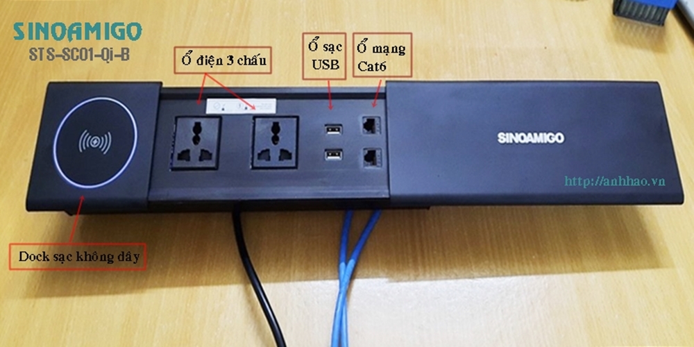 Ổ điện âm bàn nắp trượt Sinoamigo STS-SC01-Qi-B, tích hợp sạc không dây - Hàng chính hãng