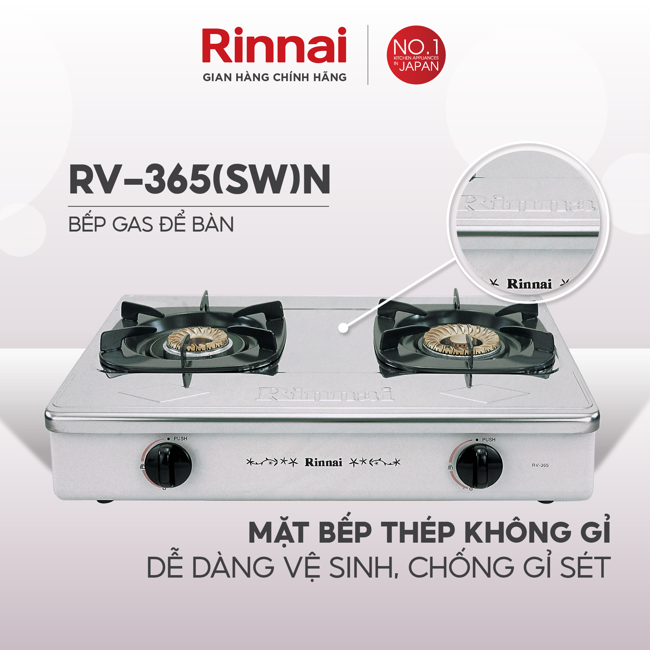 Bếp gas dương Rinnai RV-365N mặt bếp inox và kiềng bếp men - Hàng chính hãng.