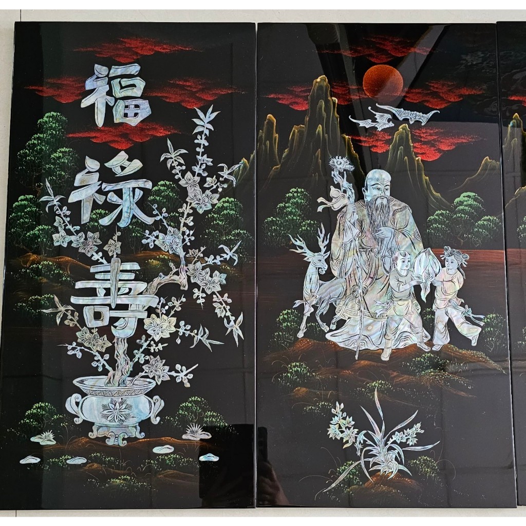 Hàng loại 1- Tranh sơn mài bộ 4 tấm Phúc Lộc Thọ 60x120 cm cẩn ốc chìm đẹp trang trí, làm quà tặng ý nghĩa