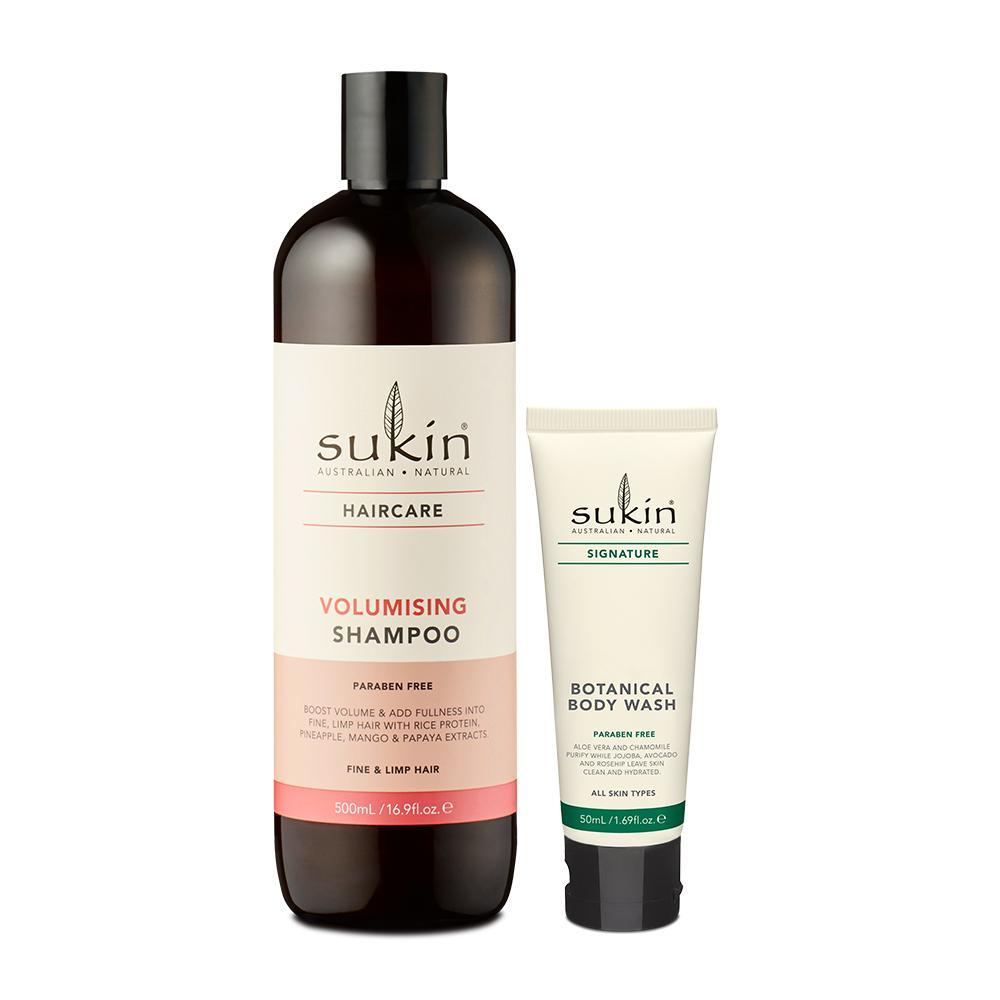 Combo Dầu gội làm phồng tóc Sukin Volumising Shampoo 500ml &amp; Sữa Tắm Thiên Nhiên Sukin Signature Botanical Body Wash Signature Scent 50ml