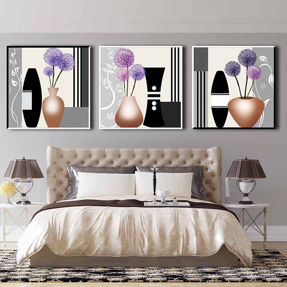 Bộ 3 tranh canvas decor bình hoa phong cách tượng hình đơn giản - DC012