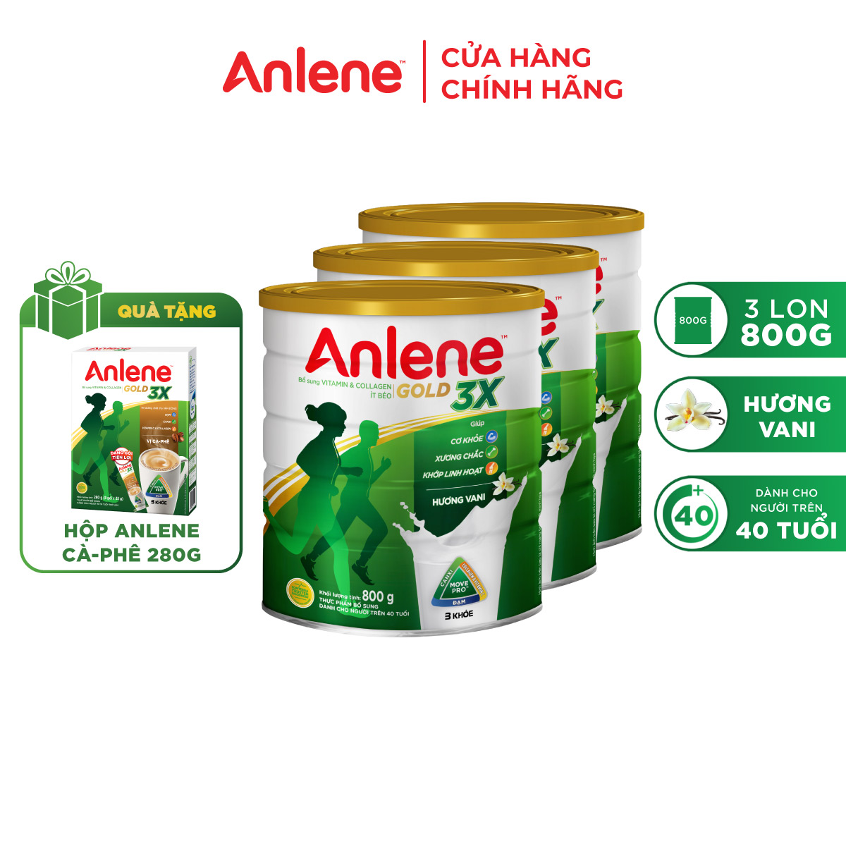 Combo 03 Sữa Bột Anlene Gold 3X Hương Vanilla  - Tặng hộp Anlene cafe 280g