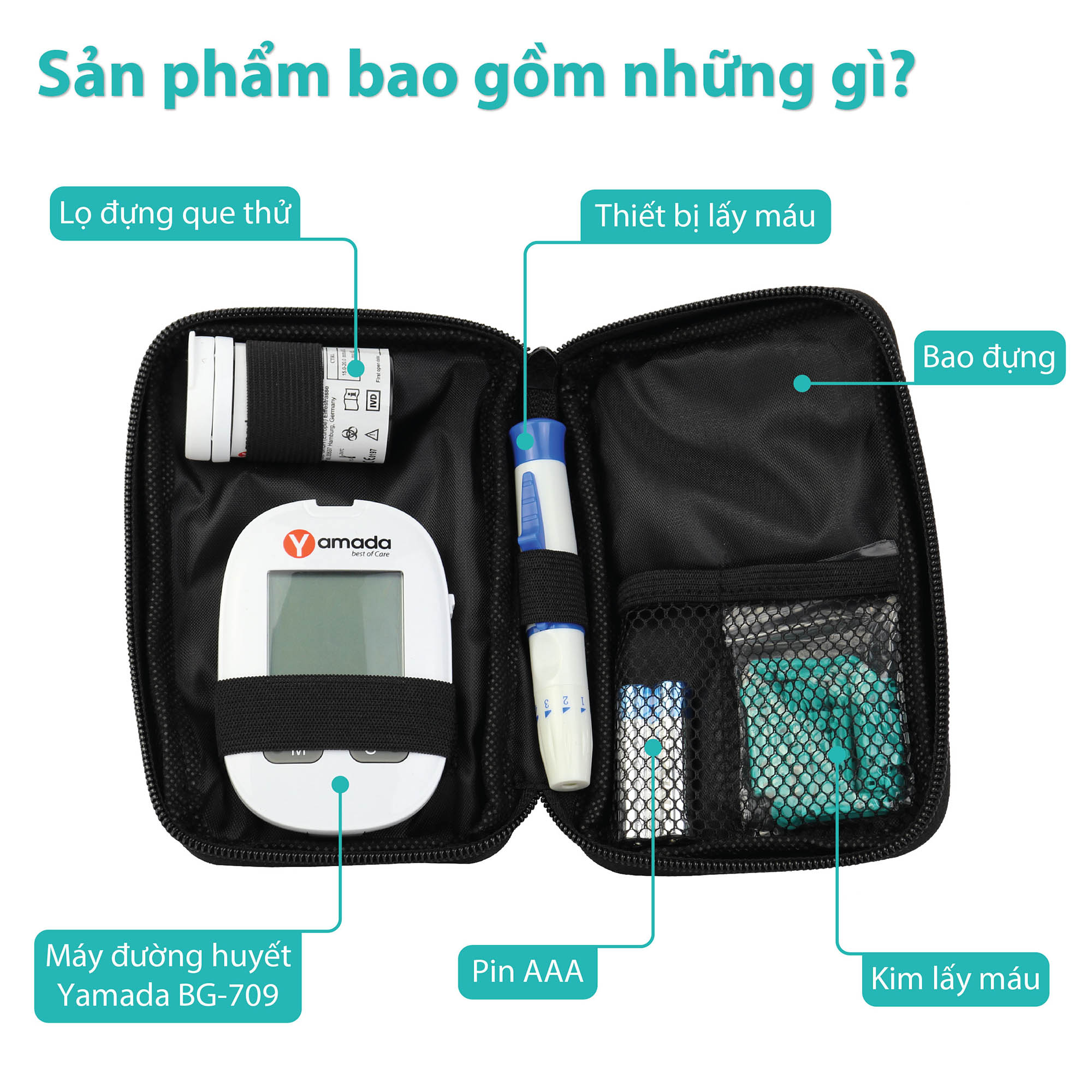 Máy đo đường huyết Yamada - Giọng nói tiếng Việt thông minh, thử tiểu đường, đo chỉ số hồng cầu HCT, tặng 10 que thử