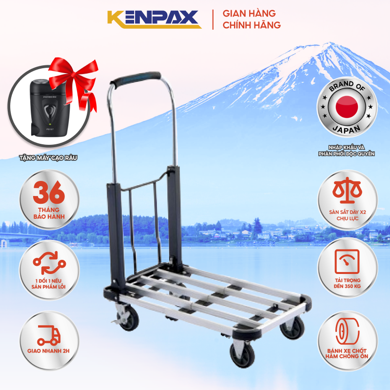 Xe Đẩy Hàng, Xe Kéo Hàng Gấp Gọn 4 Bánh Kenpax Sàn Thép Cao Cấp Chịu Trọng Tải Lên Tới 350kg