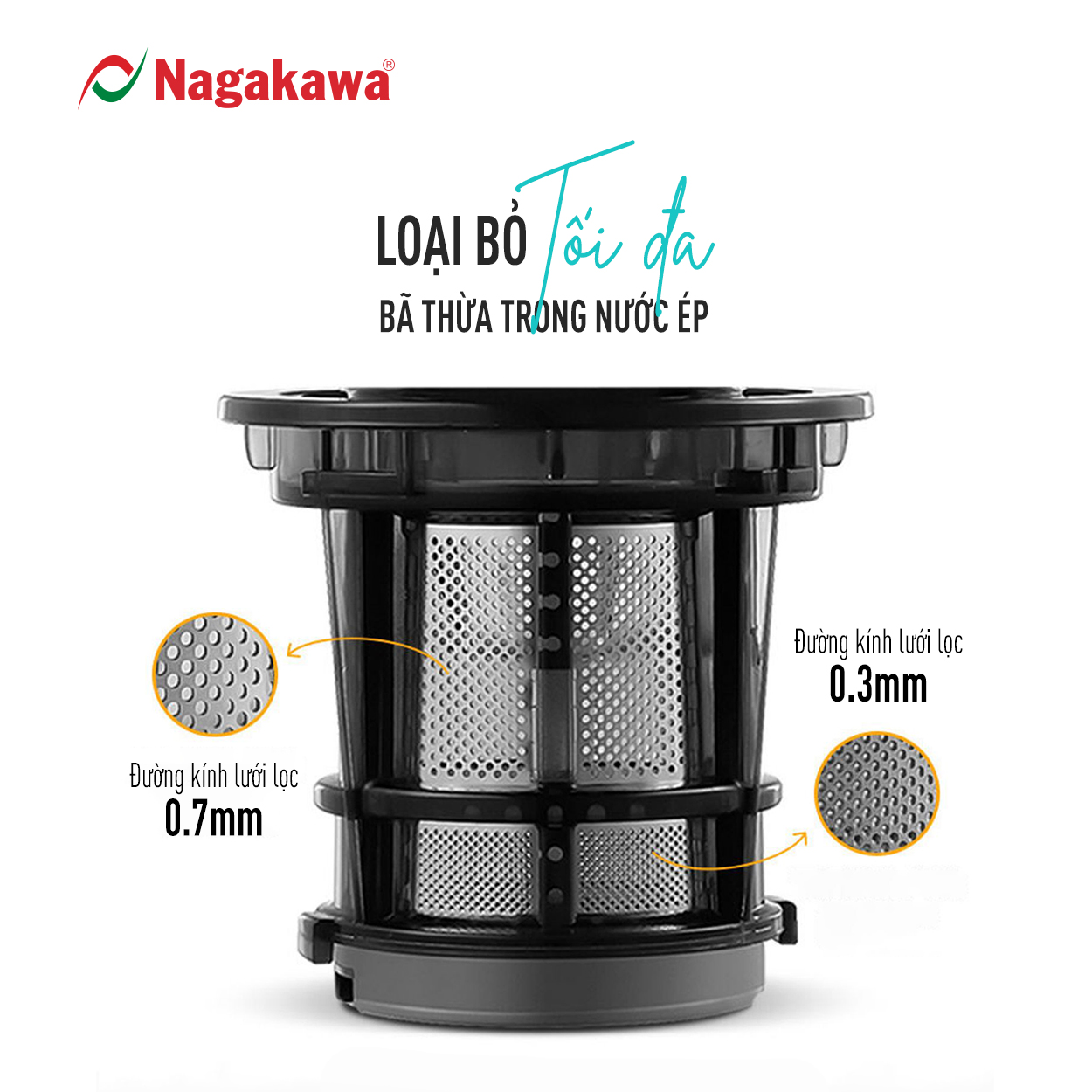 Máy ép chậm Nagakawa NAG0818 (200W) - Trục ép 6 phân đoạn kiệt bã - Ống tiếp thực phẩm lớn - Hàng chính hãng