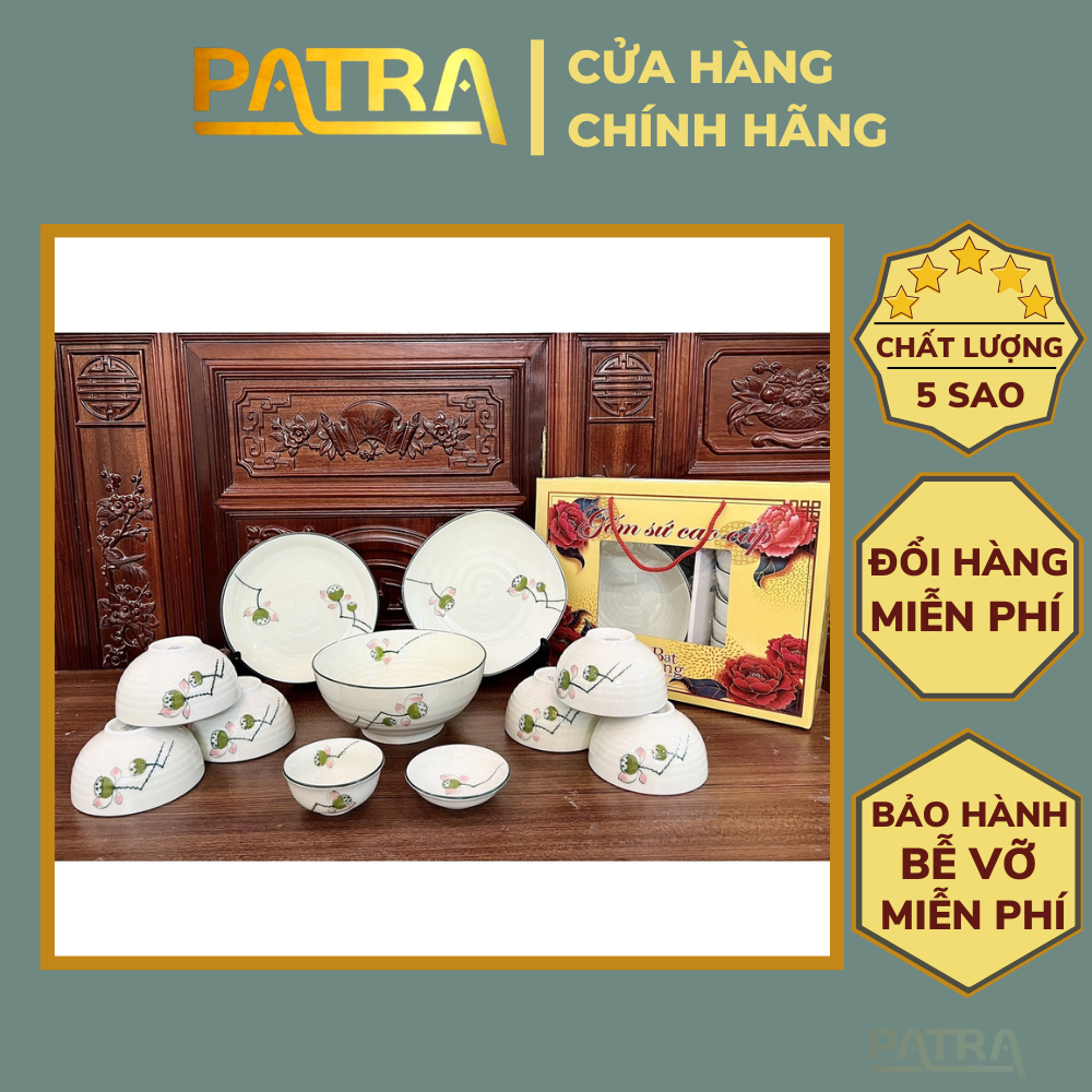 Bộ bát đĩa men kem Bát Tràng họa tiết đài sen sang trọng chất lượng cao, có bán lẻ từng món