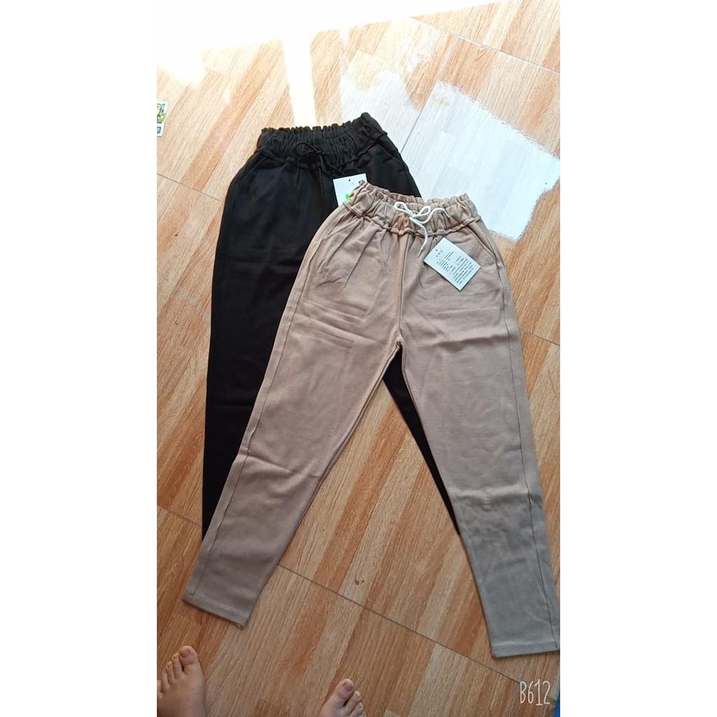 Quần baggy dạ cạp chun đáp sườn hai màu đen - be Q80 RumHana