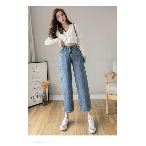 Quần bò ống rộng nữ cạp cao quần jeans ống rộng lưng cao vải bò dày đẹp dáng suông phong cách Hàn Quốc