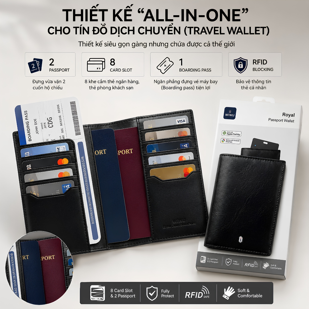 Ví Đựng Hộ Chiếu hiệu WlWU Royal Passport Wallet FM RFID Travel Wallet With Find My Card Slot | RFID Safe Da Microfiber Cao Cấp Siêu Mỏng cho iphone cho ipad z fold galaxy S - Hàng nhập khẩu