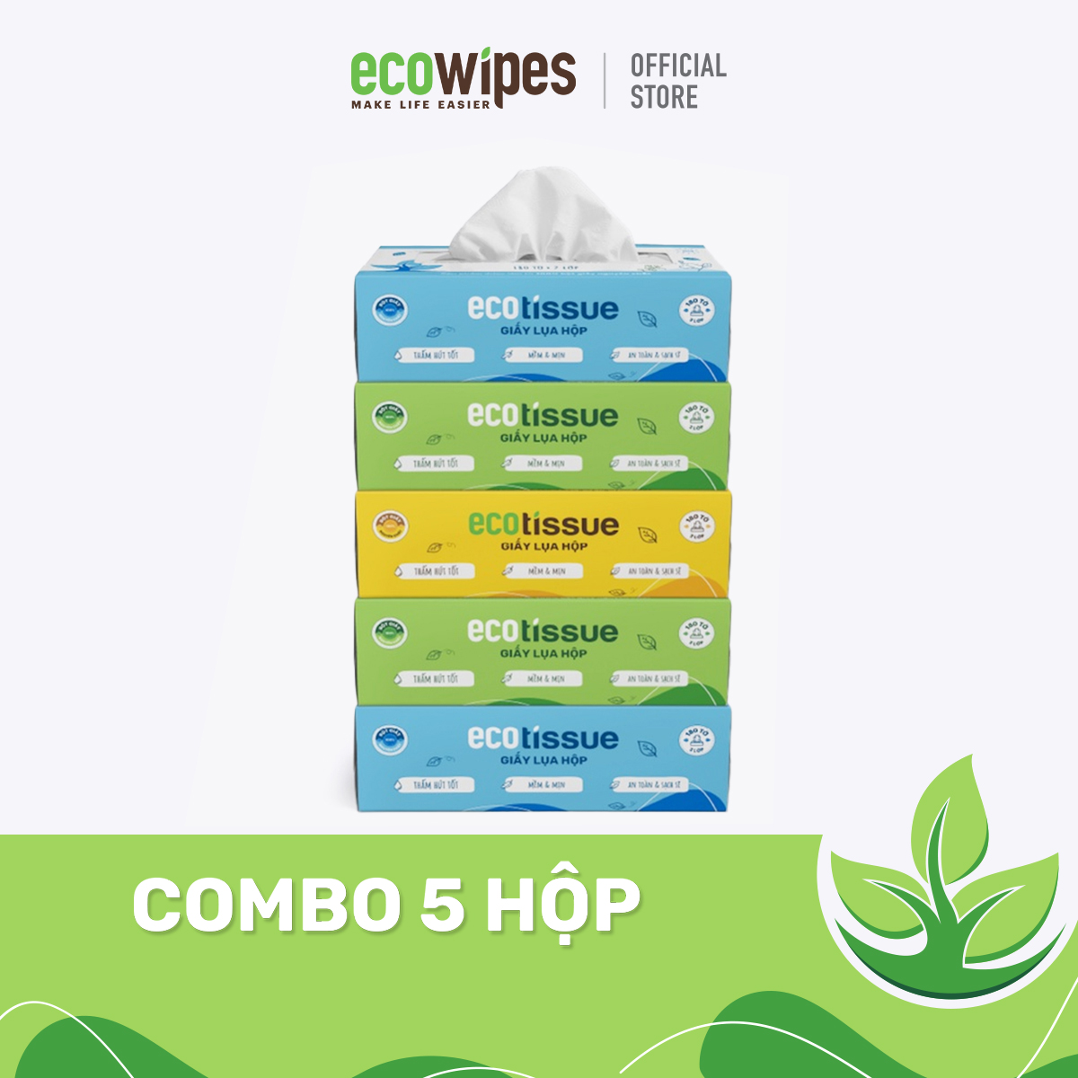 Combo 05 hộp khăn giấy khô khăn giấy lụa Ecotissue 180 tờ cao cấp siêu mềm mịn dai thấm hút tốt an toàn sạch sẽ