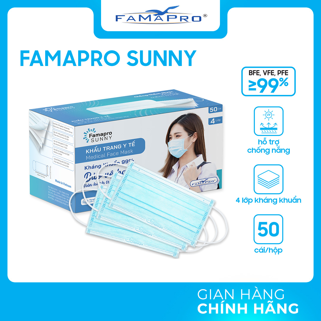 [HỘP - FAMAPRO SUNNY] - Khẩu trang y tế kháng khuẩn 4 lớp Famapro SUNNY (50 cái/ hộp)