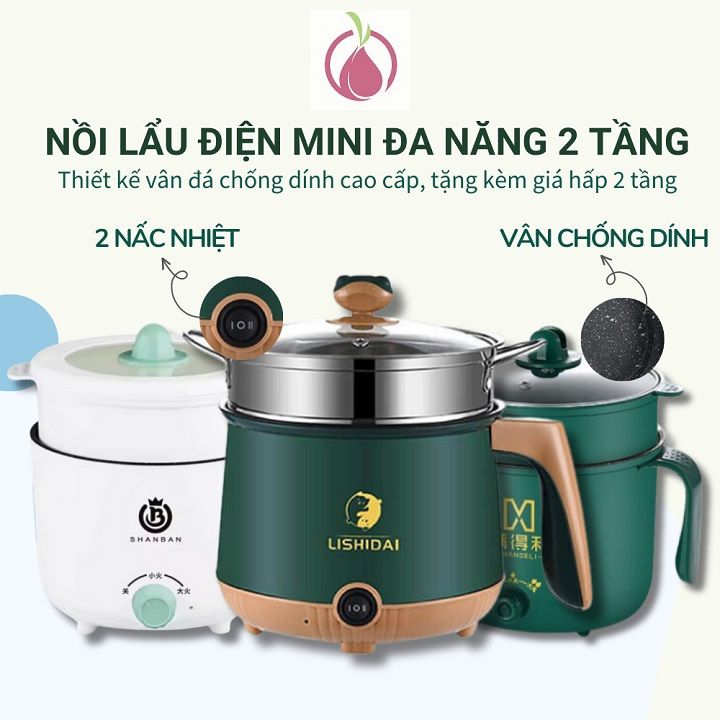 Nồi lẩu điện mini đa năng 2 tầng chống dính kèm giá hấp Inox  với 2 nấc nhiệt tiện lợi 18CM, nồi nấu đa năng, Ca nấu mì cho sinh viên, hoc sinh