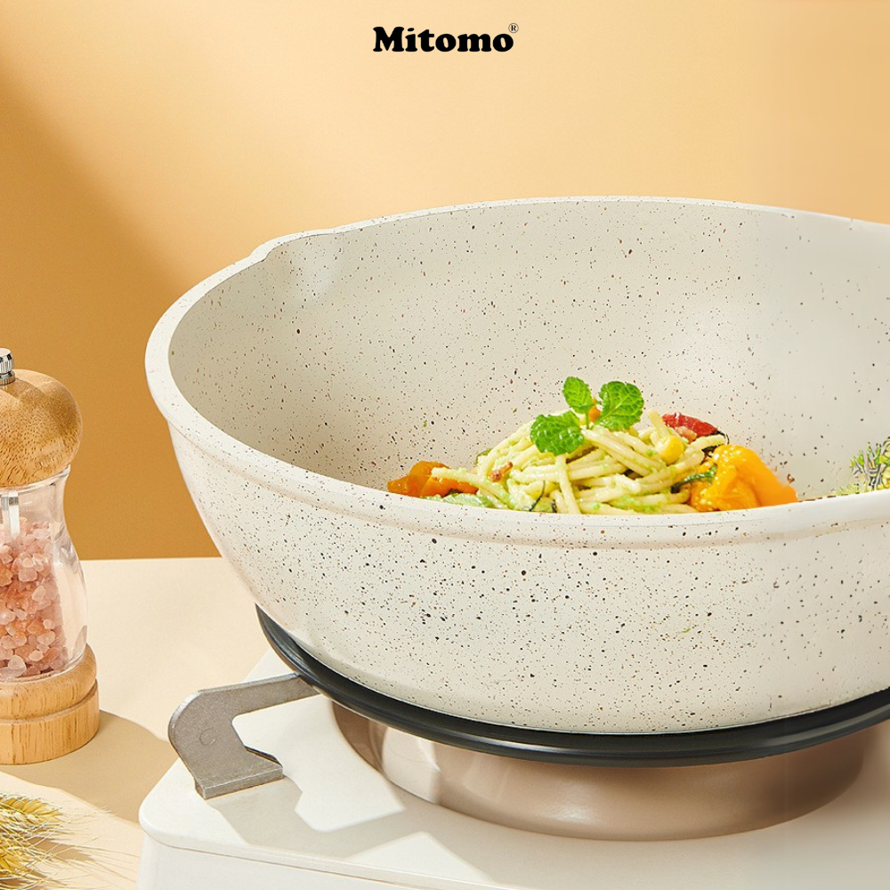 Bộ nồi vân đá chóng dính cao cấp 4 món Mitomo, đúc nguyên khối, nấu trên mọi loại bếp - Hàng chính hãng