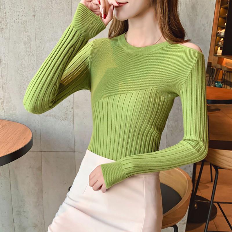 Áo nữ dệt kim dài tay cổ tròn màu trơn thời trang