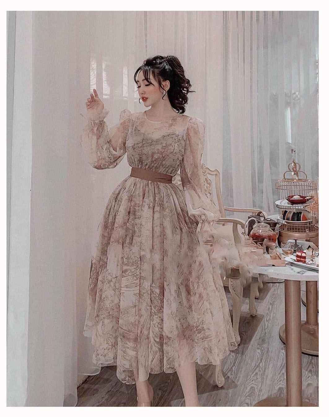 Đầm xòe tơ lụa phối voan thời trang