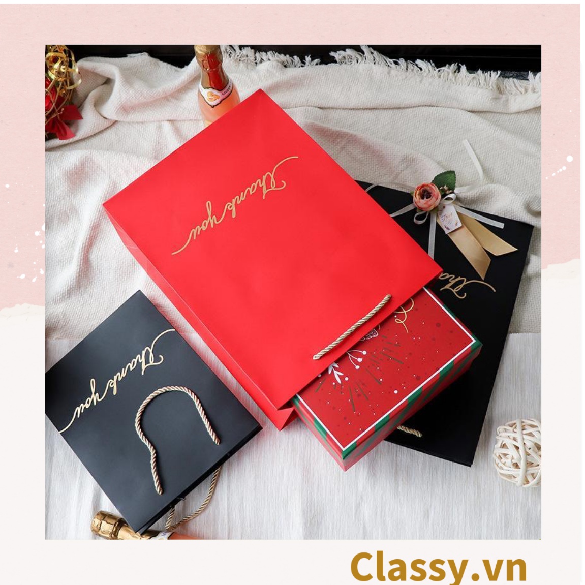 Túi giấy đựng quà tặng size lớn 25*12*33cm đơn sắc In chữ Thank you / Best with you sang trọng