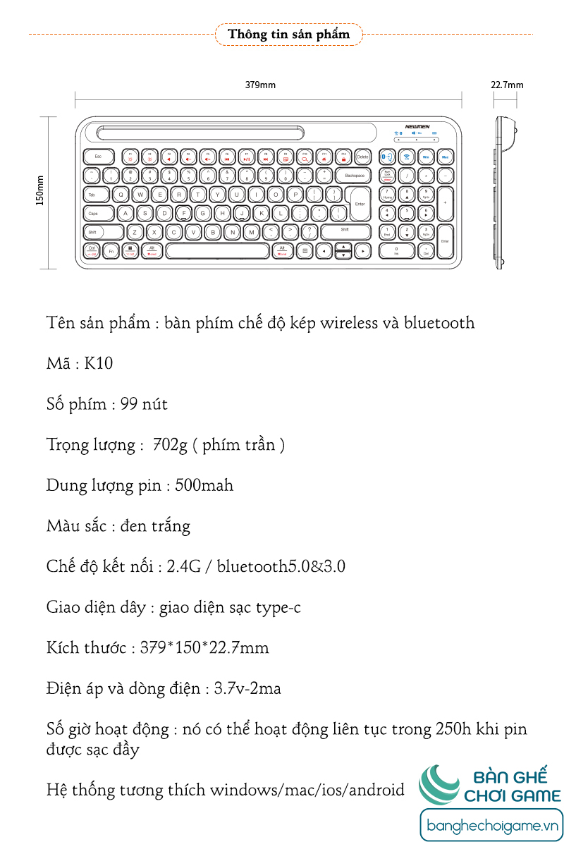 Hình ảnh Bàn phím không dây Newmen K10 Dual Mode Bluetooth/ Wireless (Đen/ Trắng) - Hàng chính hãng