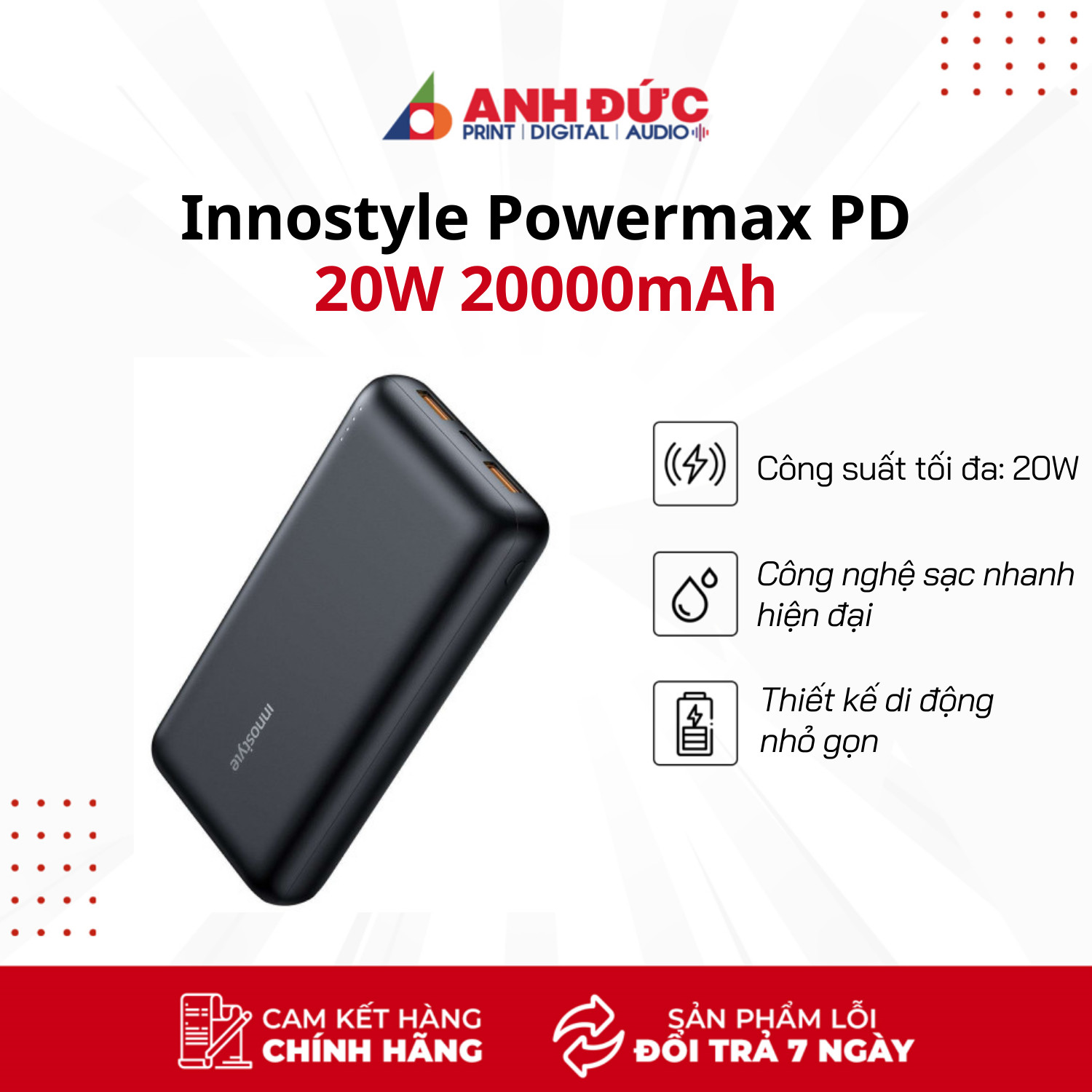 Sạc Dự Phòng Innostyle Powermax PD 20W 20000mAh IP20KPD - Hàng Chính Hãng - Bảo Hành 24 Tháng