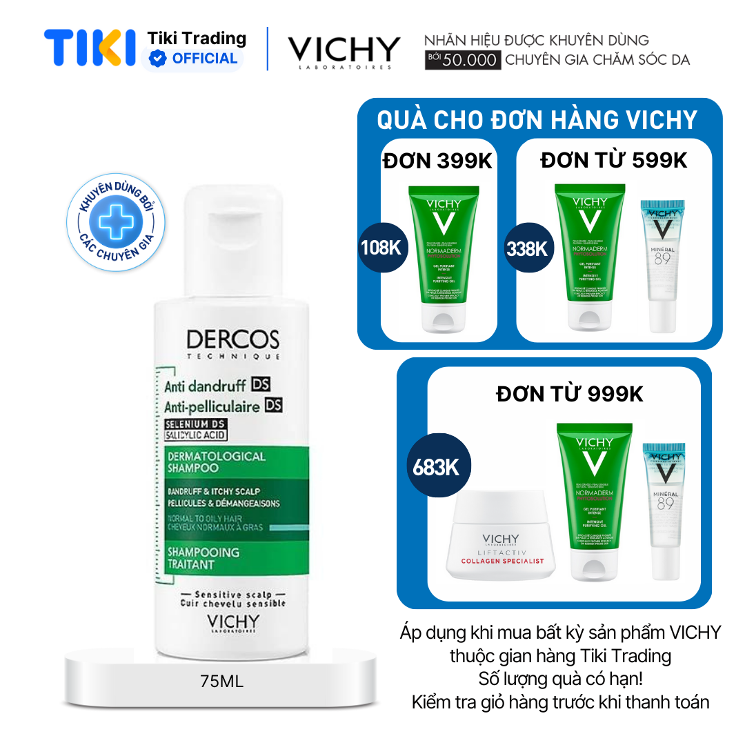 Dầu gội giúp sạch gàu dành cho da đầu dầu &amp; ngứa Vichy Dercos Anti Dandruff 75ml