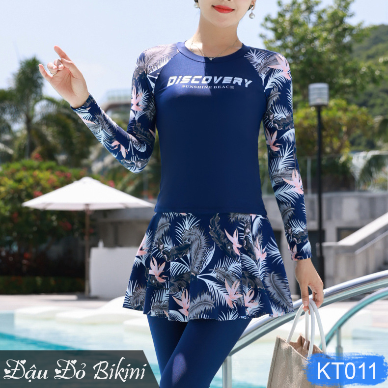 Bộ đồ bơi trung tuổi kín chống nắng, áo bơi dài tay cho mẹ và bà, quần dài mix cùng chân váy rời tránh lộ bụng, chất đẹp | KT011