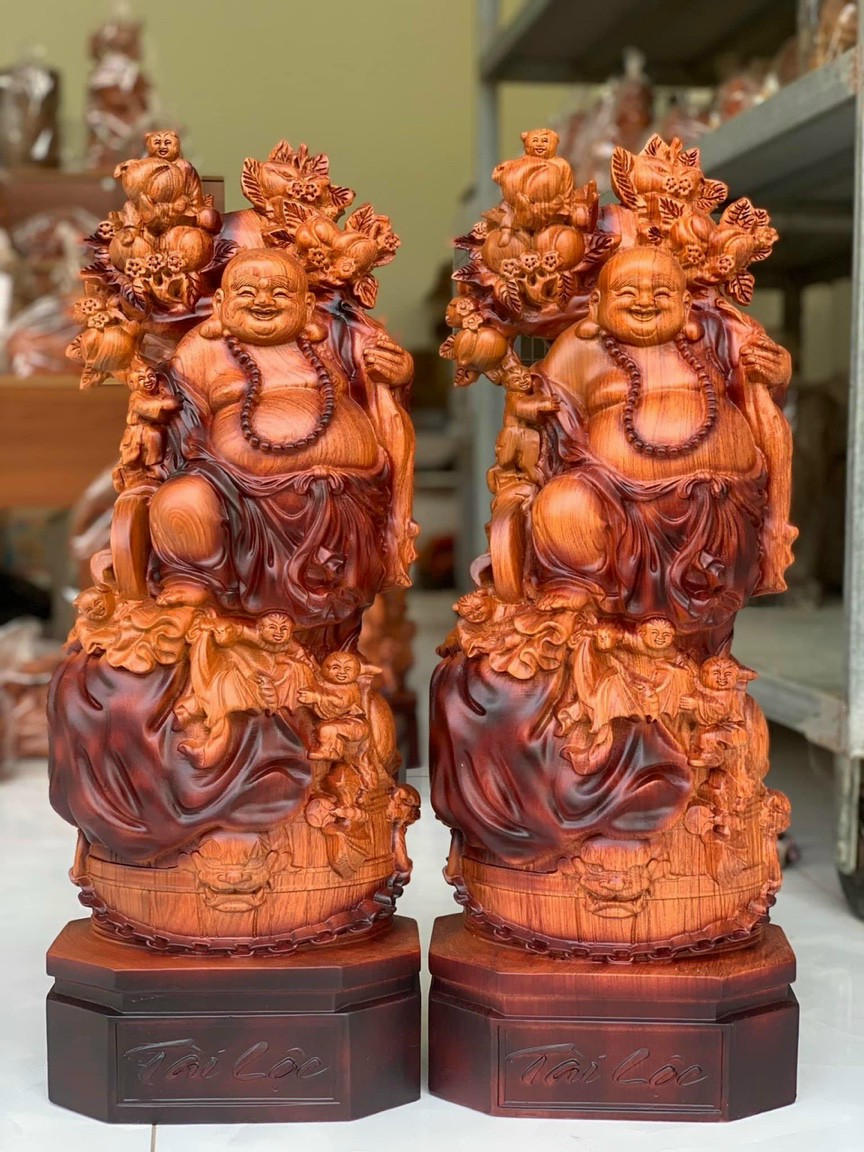 Tượng phật di lặc ngũ phúc bằng gỗ hương đá tô làm mầu giả cổ kt cao 60×24×14cm