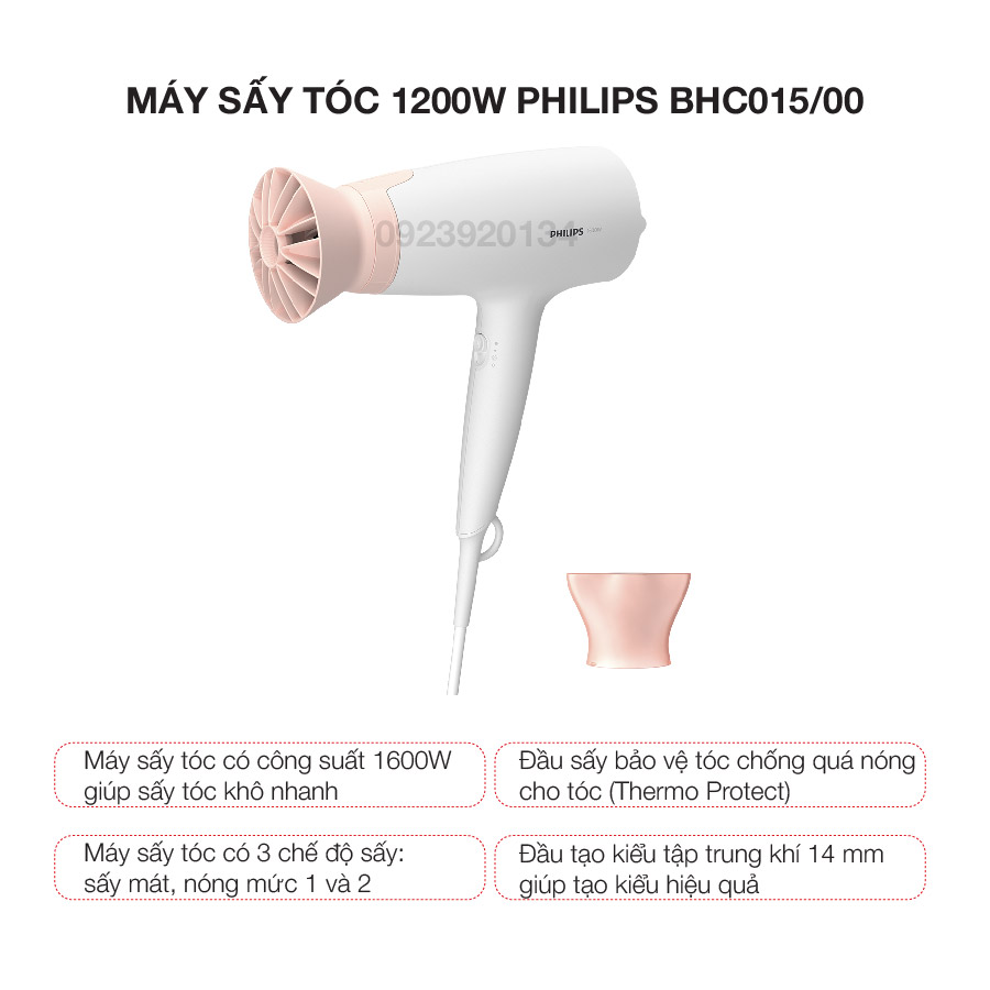 Máy sấy tóc 1600w, 3 chế độ sấy Philips BHD300/10 - Hàng chính hãng