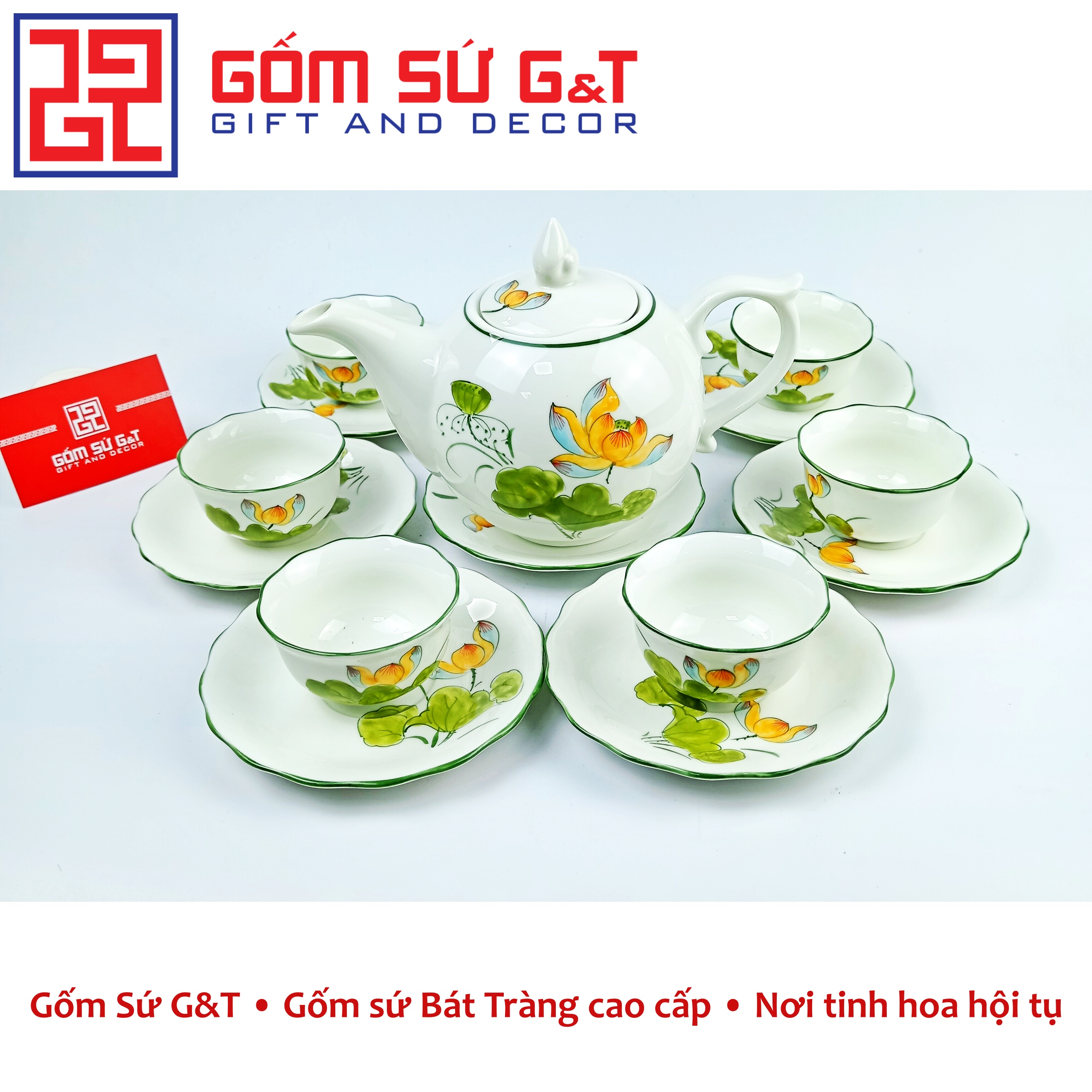 Bộ trà chóp lửa men kem vẽ sen vàng Gốm Sứ G&T