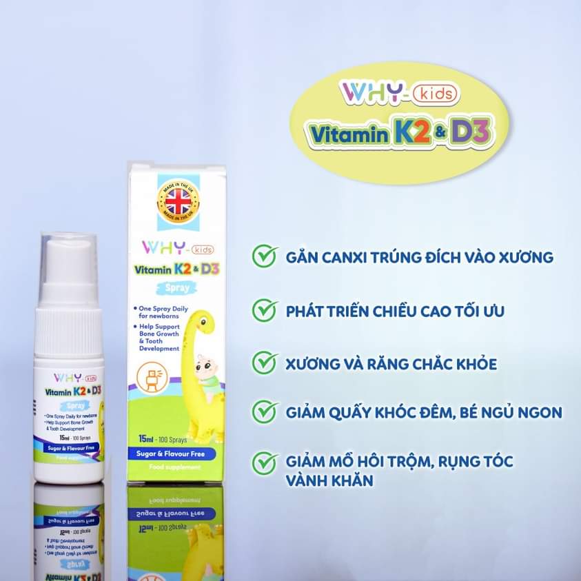 Why Kids Vitamin K2 &amp; D3 Spray 15ml - Hỗ Trợ Tăng Cường Hấp Thu Calci