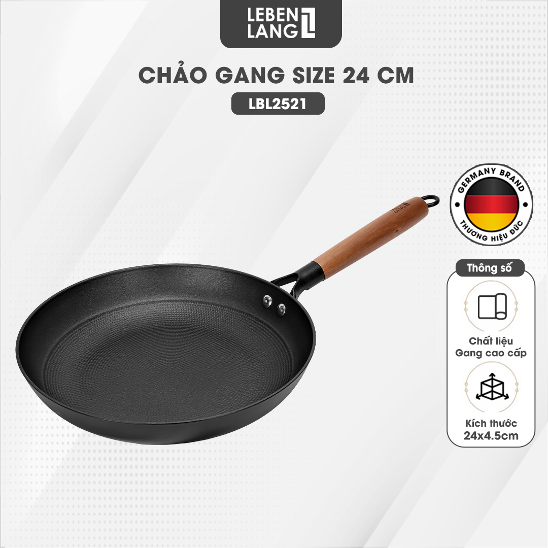 Chảo gang chống dính Lebenlang LBL2521 và LBL2522, size 24, 28, tay cầm gỗ dùng mọi loại bếp - hàng chính hãng