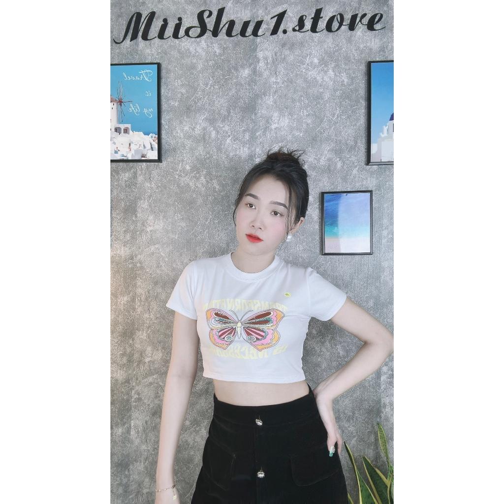 Áo Thun Croptop Tay Ngắn In Hình Bướm