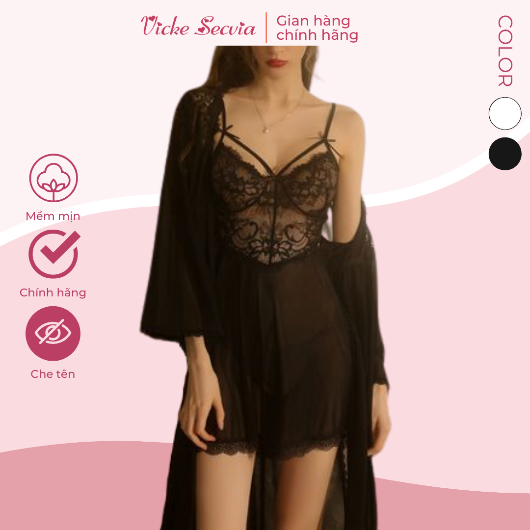 Bộ đồ ngủ VICKE SECVIA chất ren cao cấp - đầy đủ phụ kiện đi kèm - phong cách sang trọng sexy quyến rũ 1827