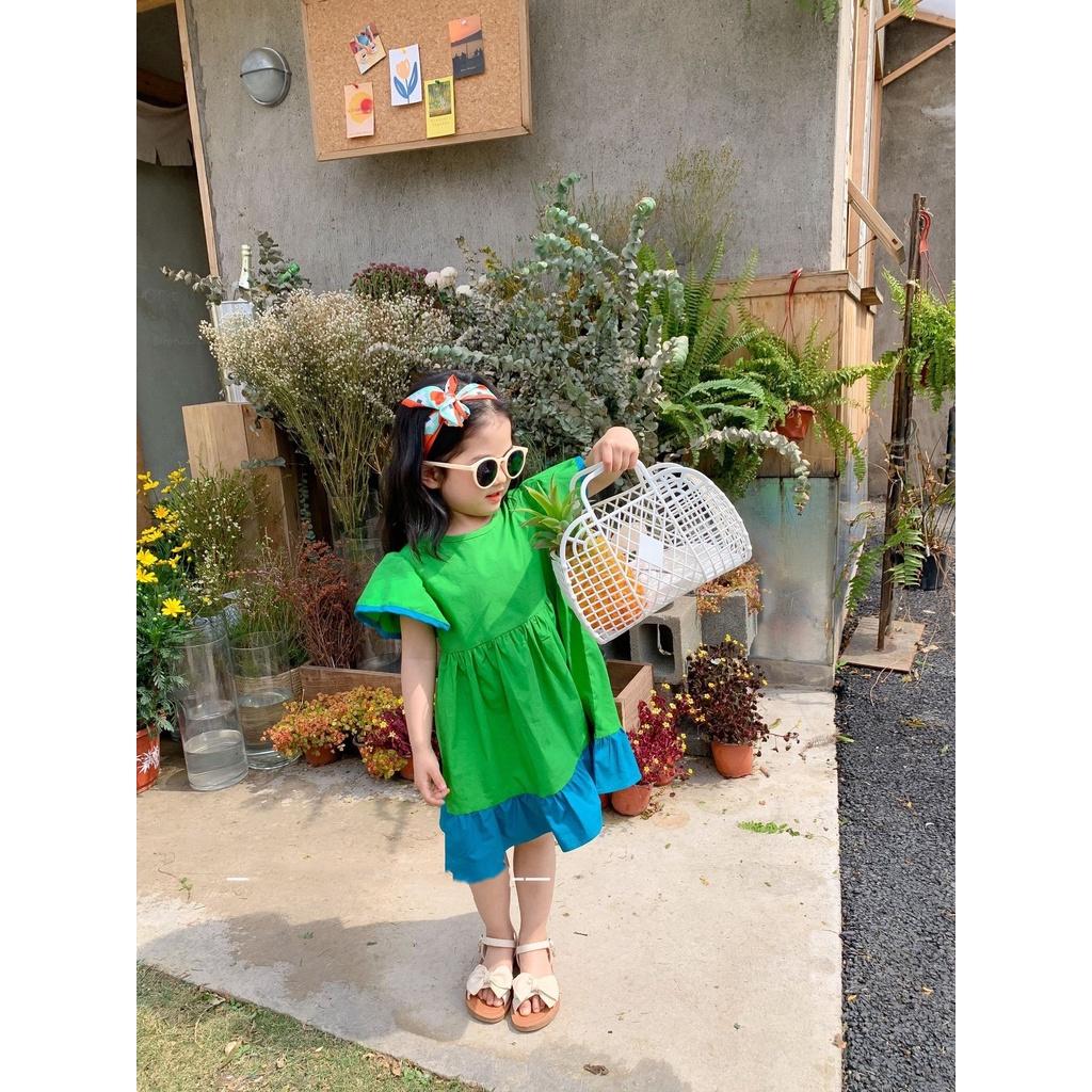 Váy bé gái tay bèo màu xanh phối màu