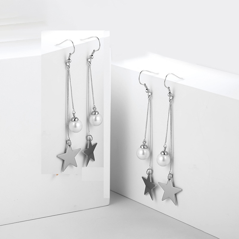 Bông tai thiết kế nữ xích mảnh dáng dài mix hạt châu và ngôi sao hi vọng