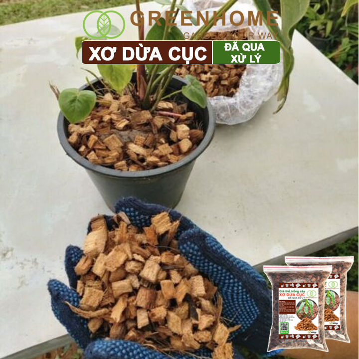 Xơ dừa cục đã qua xử lý, size 1-2cm, bao 400gr, giá thể kiểng lá, phong lan |Greenhome
