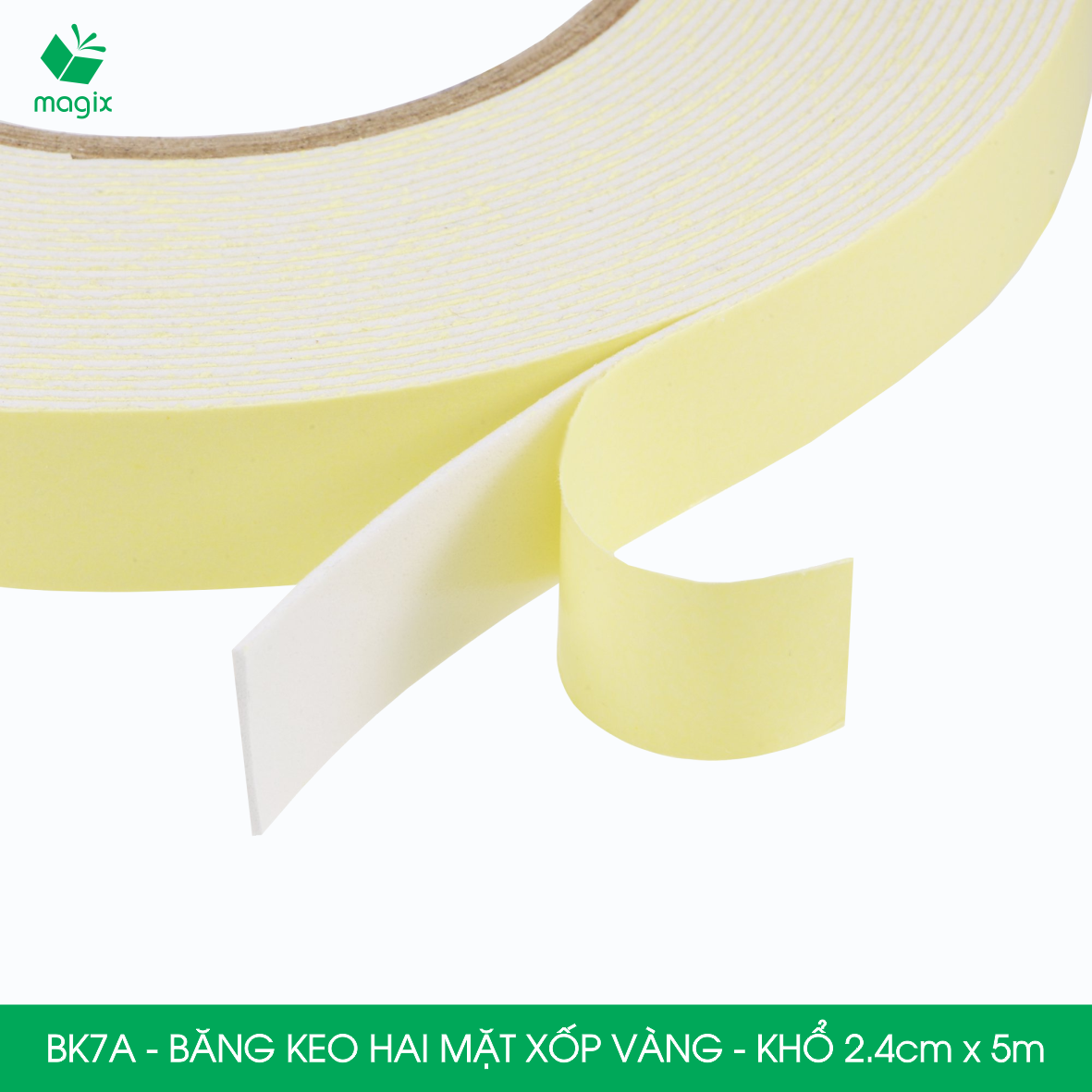 BK7A - 5 cuộn băng keo xốp 2 mặt siêu dính - Khổ 2.4cm x 5m - Băng dính xốp vàng, băng keo hai mặt