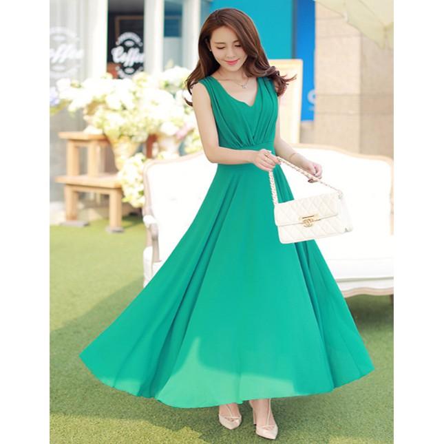 Đầm maxi 2 lớp nhún ngực vai - DS228