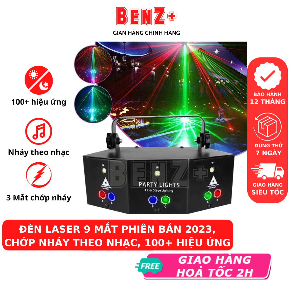 Đèn laser BENZ 9 mắt phiên bản 2023, phòng bay bar karaoke nháy theo nhạc, đèn party lights trang trí sự kiện, sinh nhật