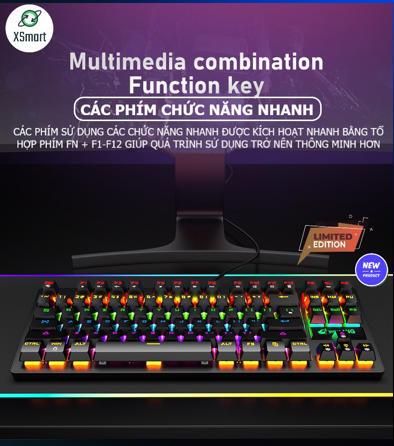 Bộ Bàn Phím Cơ Kèm Chuột XSmart Có Led Đổi Màu, Kiểu Dáng Gaming Có Dây Cao Cấp K2 Đen + V8 Tia Sét - Hàng Chính Hãng