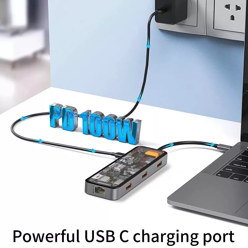 Hub Wiwu Cyper 8in1 CB008 1USB3.0*2+USB2.0*1+SD/TF(3.0)+HDMI(4K30)+PD+RJ45 Truyền dữ liệu cực nhanh, hỗ trợ truyền nhanh 5Gbps - Hàng chính hãng