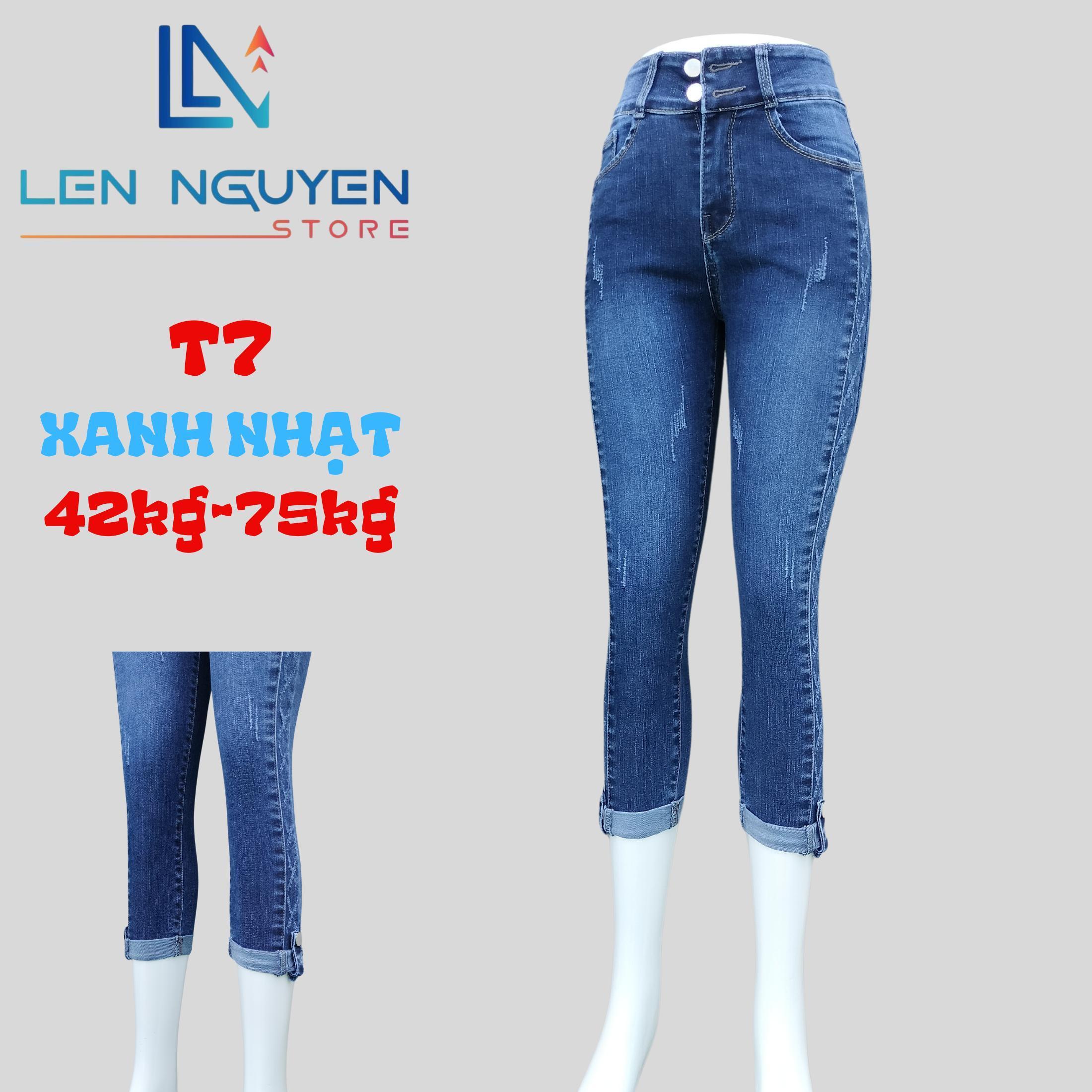 T7_Quần jean nữ, 9 tất, lưng cao, quần bò nữ dáng ôm, quần rin nữ có big size, cho 42kg đến 75kg - Xanh
