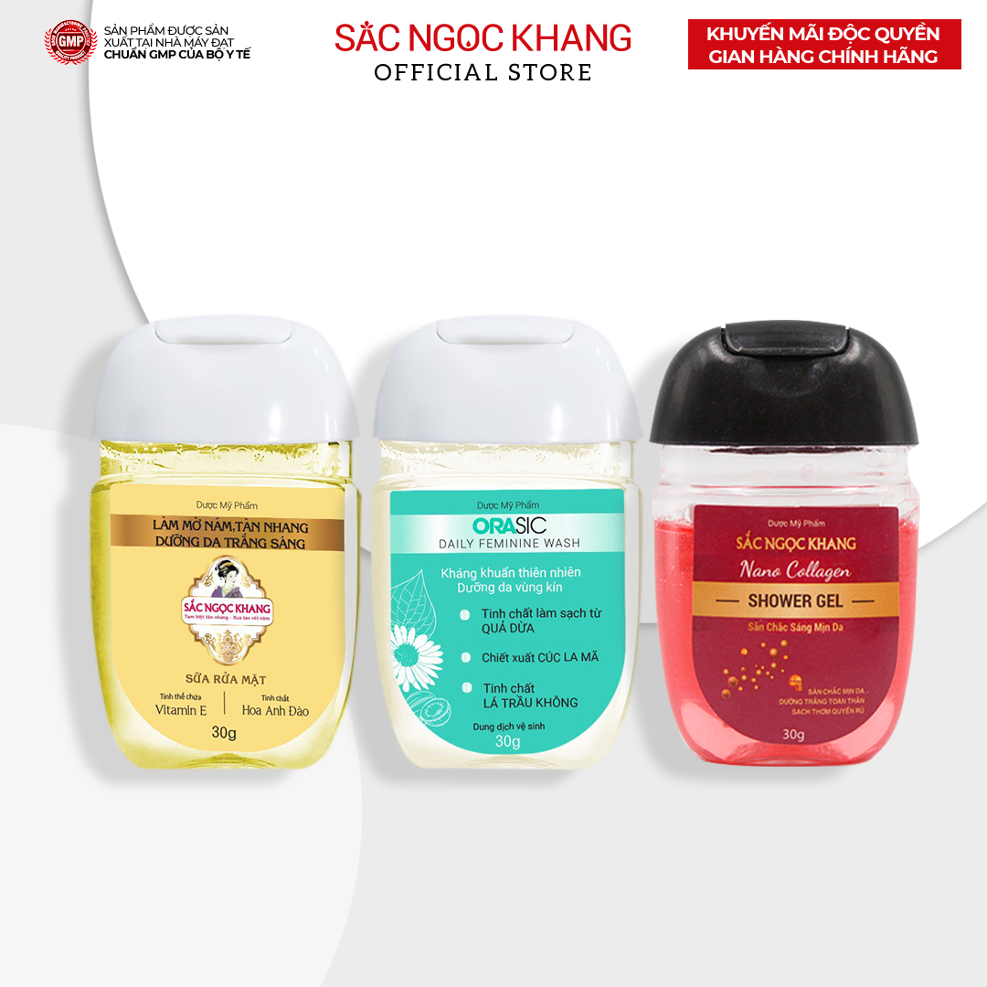 Combo [Size du lịch] 3 món Sắc Ngọc Khang 30g: Sữa rửa mặt  - Sữa tắm - Dung dịch vệ sinh phụ nữ Orasic