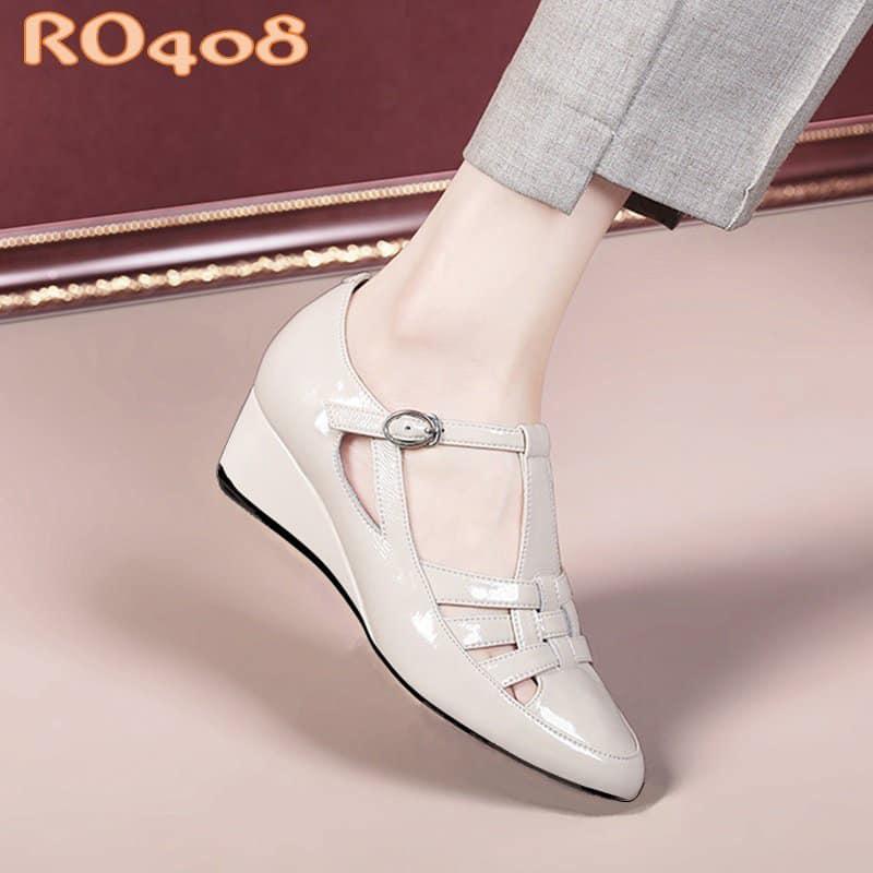 Giày nữ quai cài đế xuồng, da bóng cao cấp ROSATA RO408 cao 2p - Nâu, Kem - HÀNG VIỆT NAM CHẤT LƯỢNG QUỐC TẾ