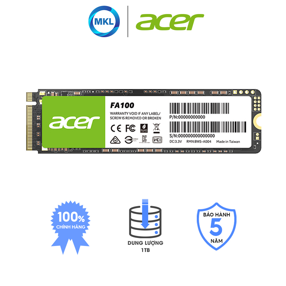 Ổ cứng SSD Acer FA100 M.2 NVMe PCIe Gen3 dung lượng đến 2TB - Tốc độ đọc/ghi 3300/2700 MB/s - Hàng chính hãng