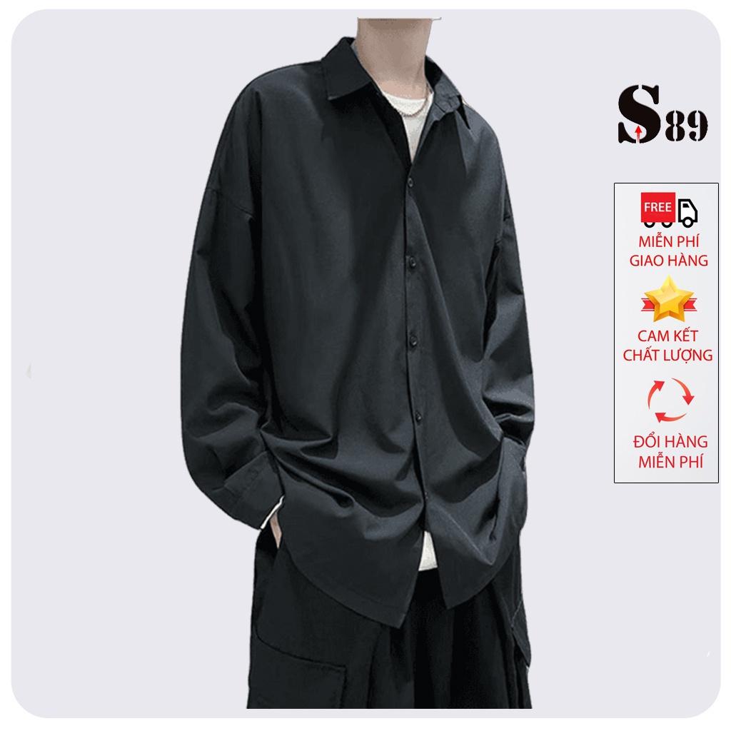áo sơ mi nam nữ unisex màu đen tay dài Hamino form dáng rộng chất vải lụa dản