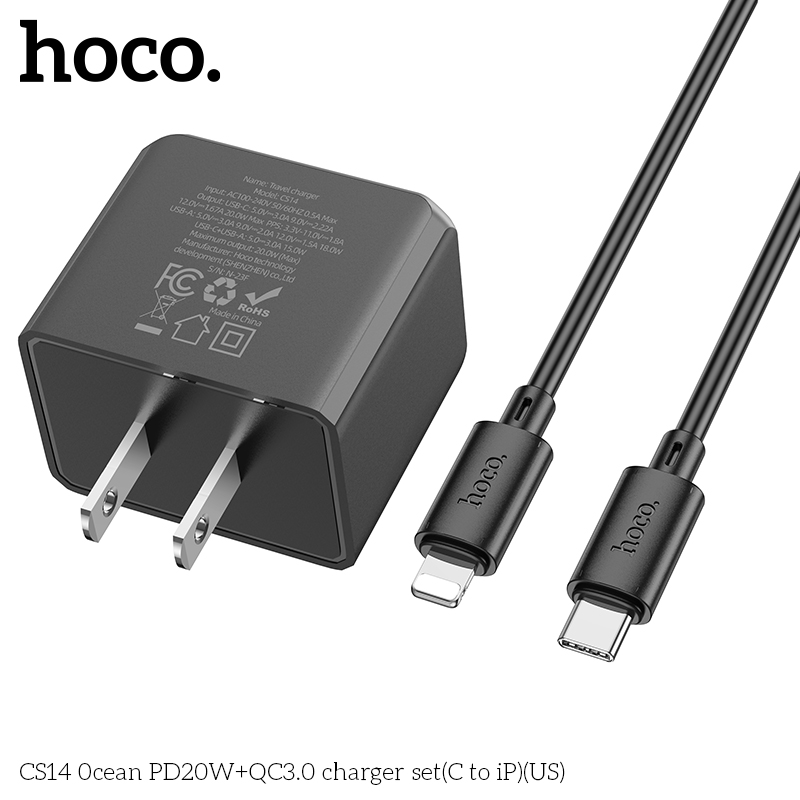 Bộ Sạc Nhanh Dành Cho Hoco PD20W CS14 Ocean Type-C To LN Chân Cắm US Hàng Chính Hãng