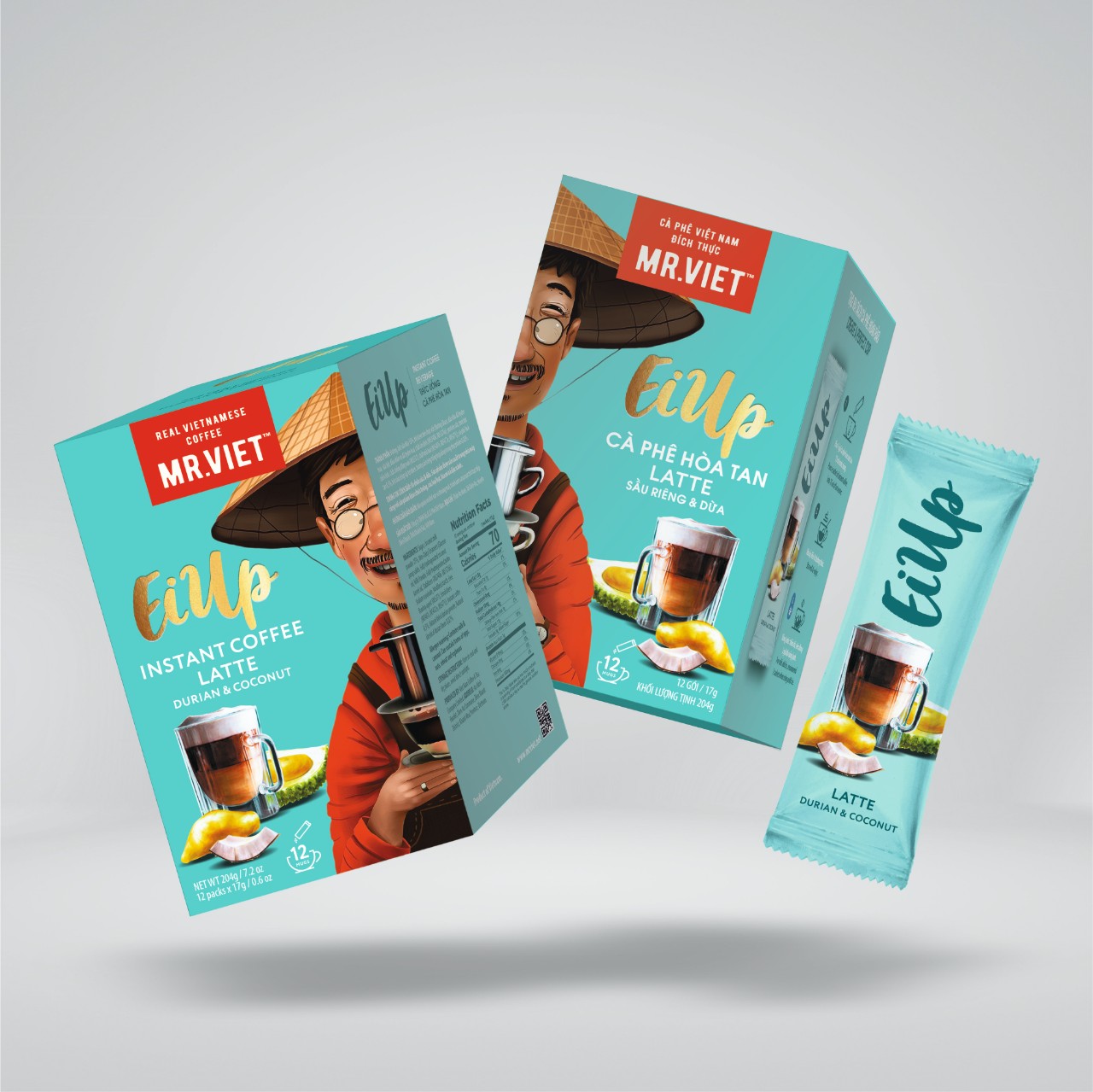 EiUp Cà Phê Hoà Tan Latte Sầu Riêng Dừa  hộp 12 gói