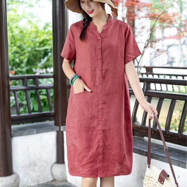 Đầm suông cổ trụ linen tay cộc túi bổ trước, chất vải linen mềm mát, thời trang xuân hè 2022